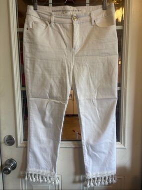 Chico's White Slim Crop Jeans with Tassel Hem